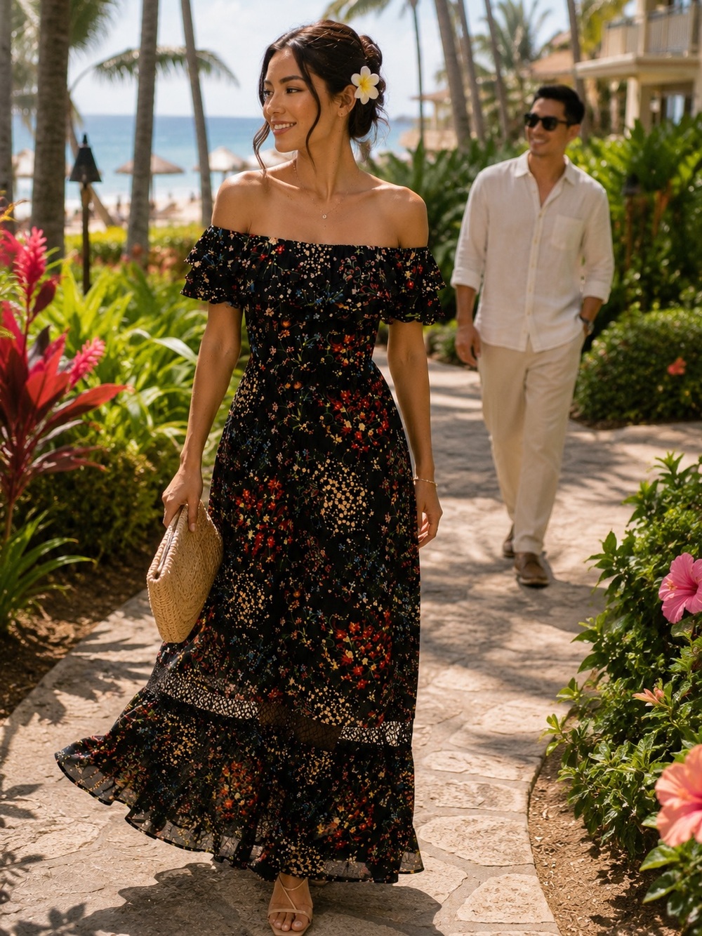 Alice + Olivia “Cheri” Off-Shoulder Black Floral Maxi Dress - Sz 2